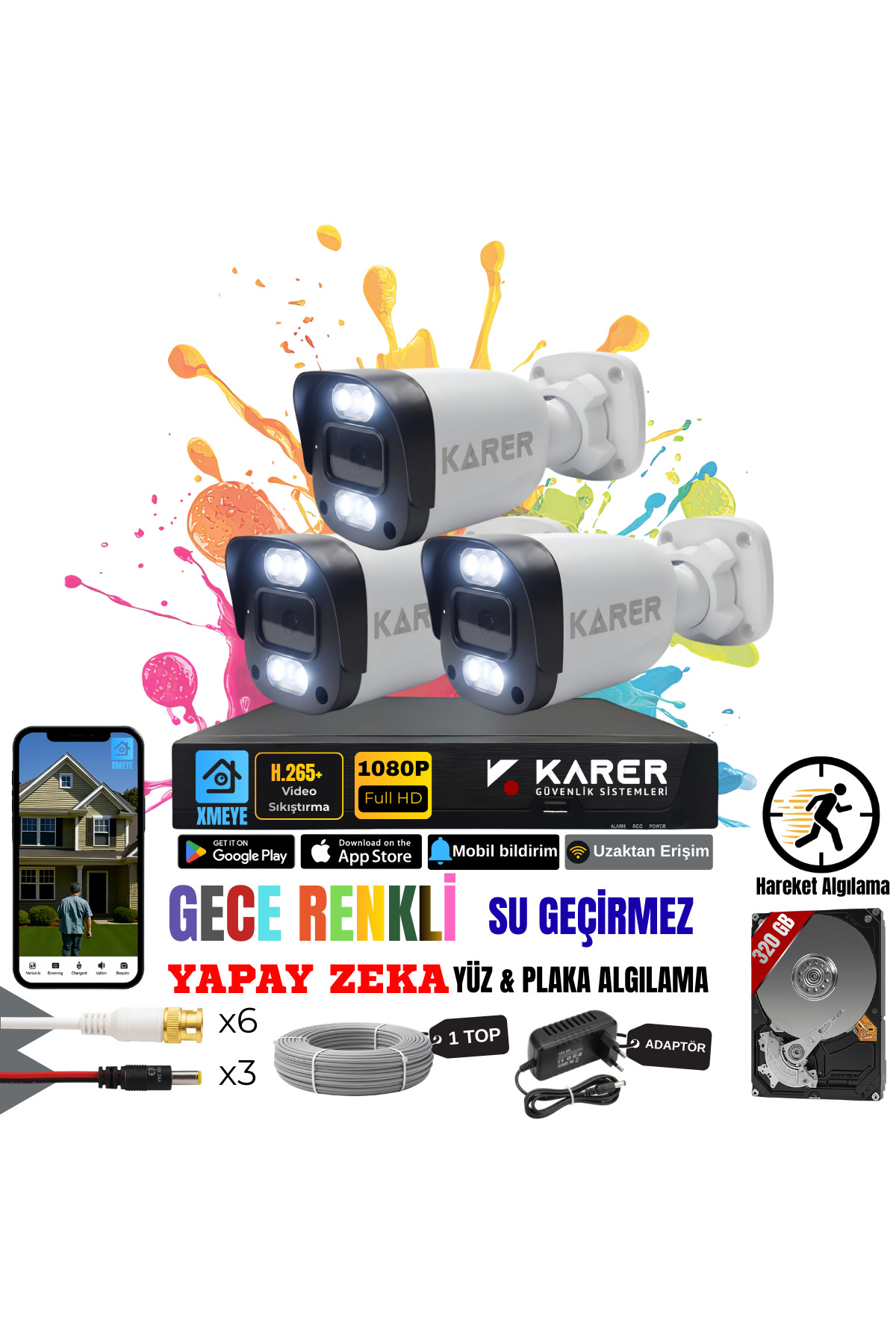 EXİTCAM 3 Kameralı Full HD AHD Güvenlik Seti – 320 GB HDD, Renkli Gece Görüşü, Yapay Zekâ Destekli Y