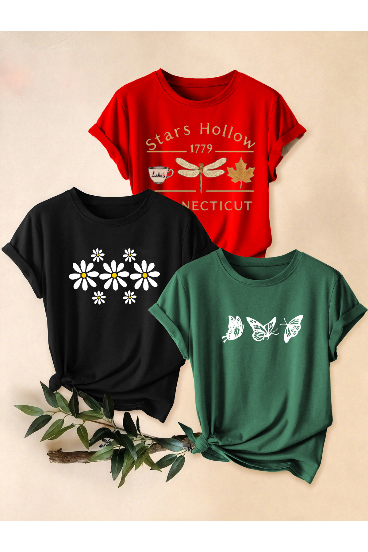 uyguntarz Unisex Kırmızı Siyah Yeşil 3'lü Tasarım Tshirt Seti