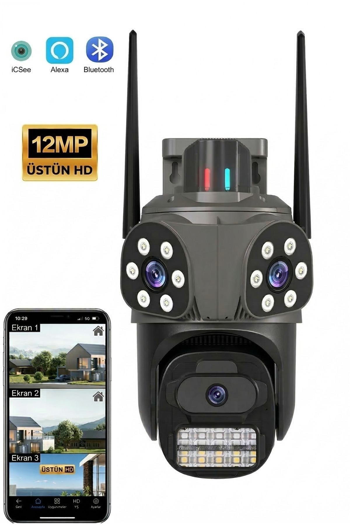 3 Lensli 9MP Ultra HD Wi-Fi Dış Mekan Güvenlik Kamerası - ICSee Uygulama Destekli, 4K Gece Görüşlü