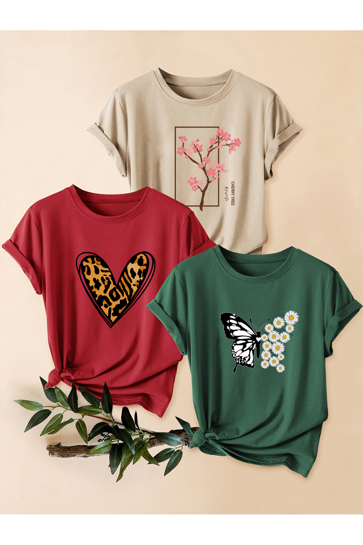 uyguntarz Unisex Μπεζ Κόκκινο Πράσινο Σετ 3 τεμαχίων μπλουζών με σχέδιο