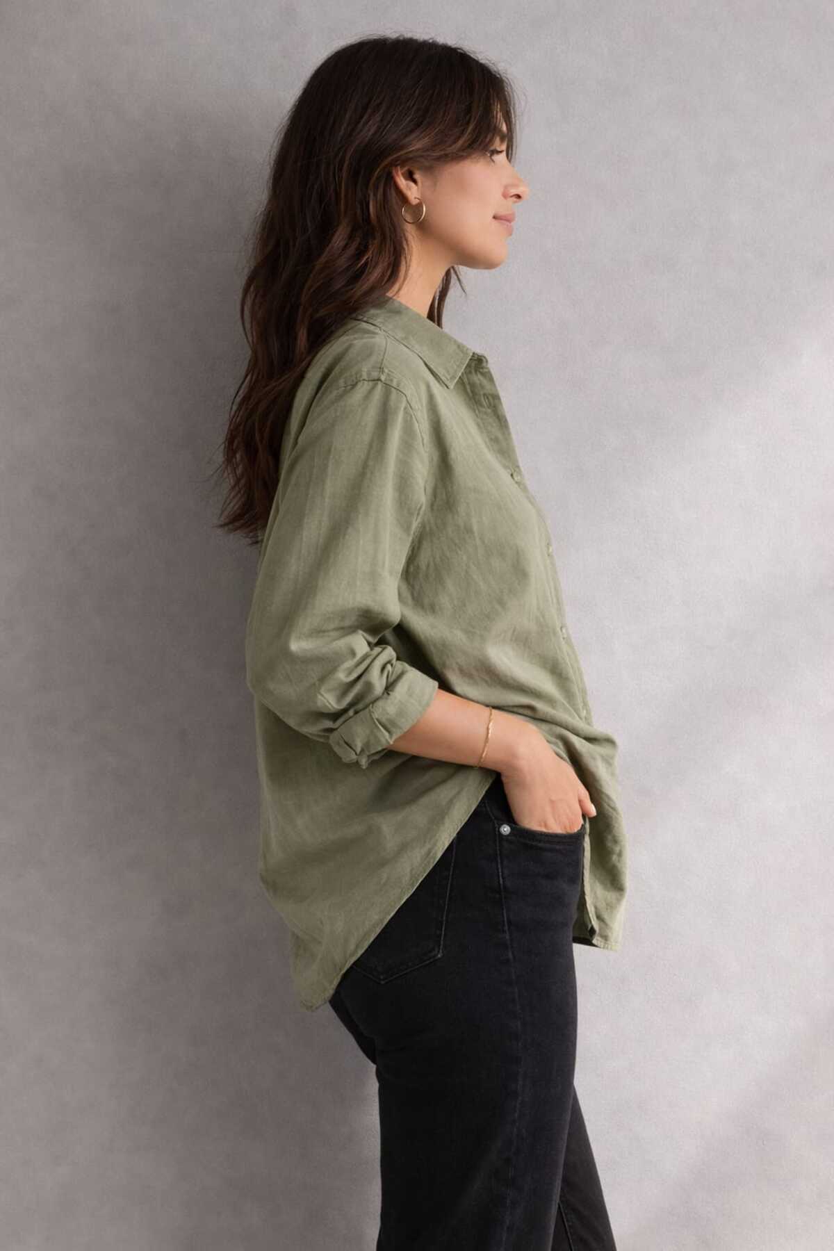 blackbonds  Kadın Oversize Haki Pamuklu Rahat Keten Gömlek – Yaz Koleksiyonu - Görsel 3