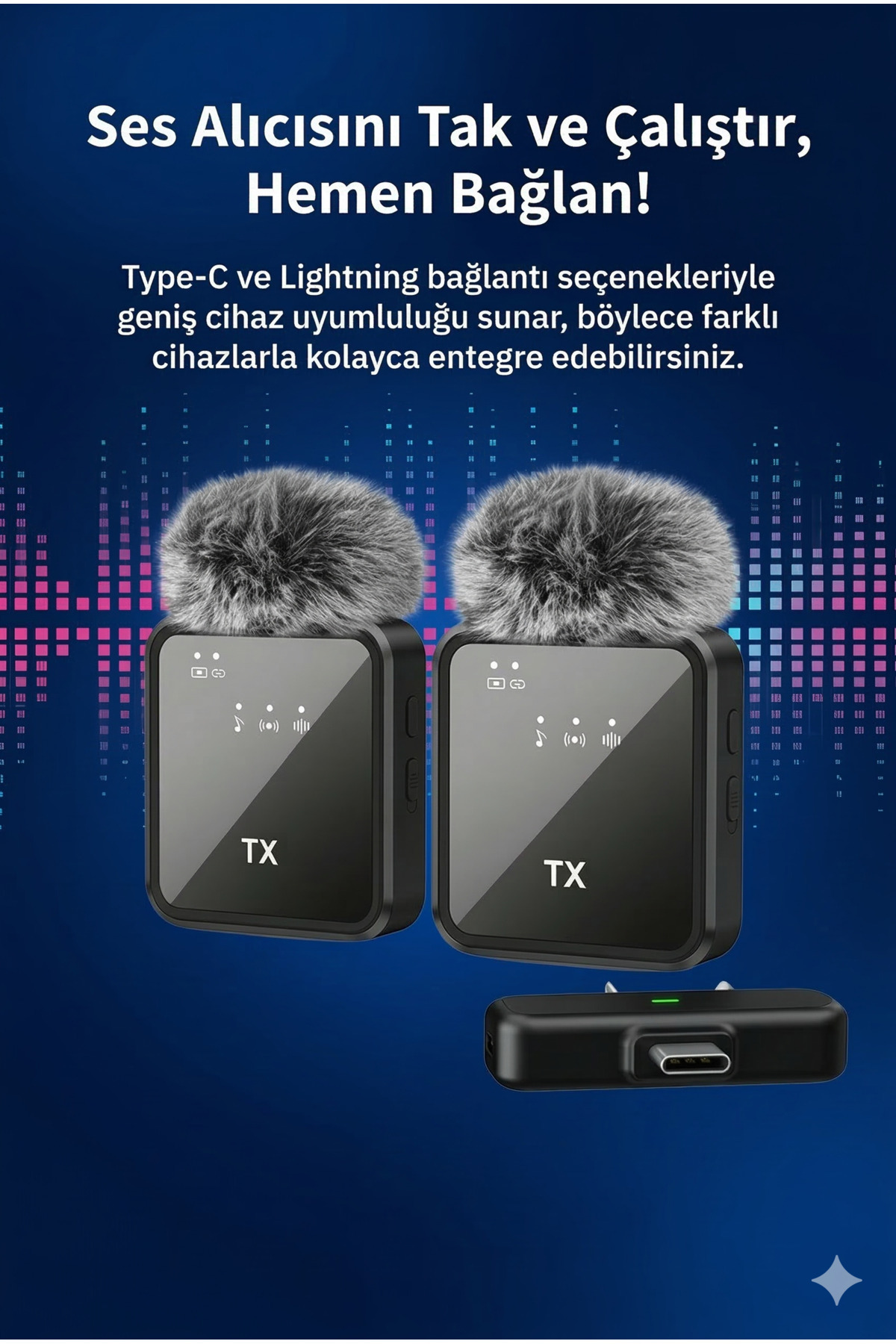 F15 2’li Kablosuz Yaka Mikrofonu - iPhone, Type-C Android Uyumlu Gürültü Engelleyici Mikrofon Seti