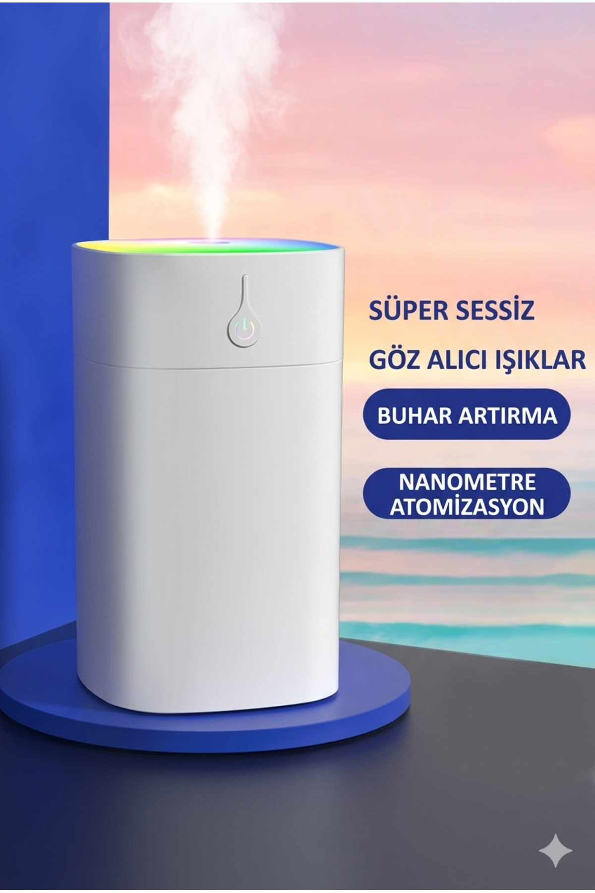 400ml Yüksek Kapasiteli Hava Nemlendirici - Masaüstü Buhar Makinesi ve Renkli LED Gece Lambası