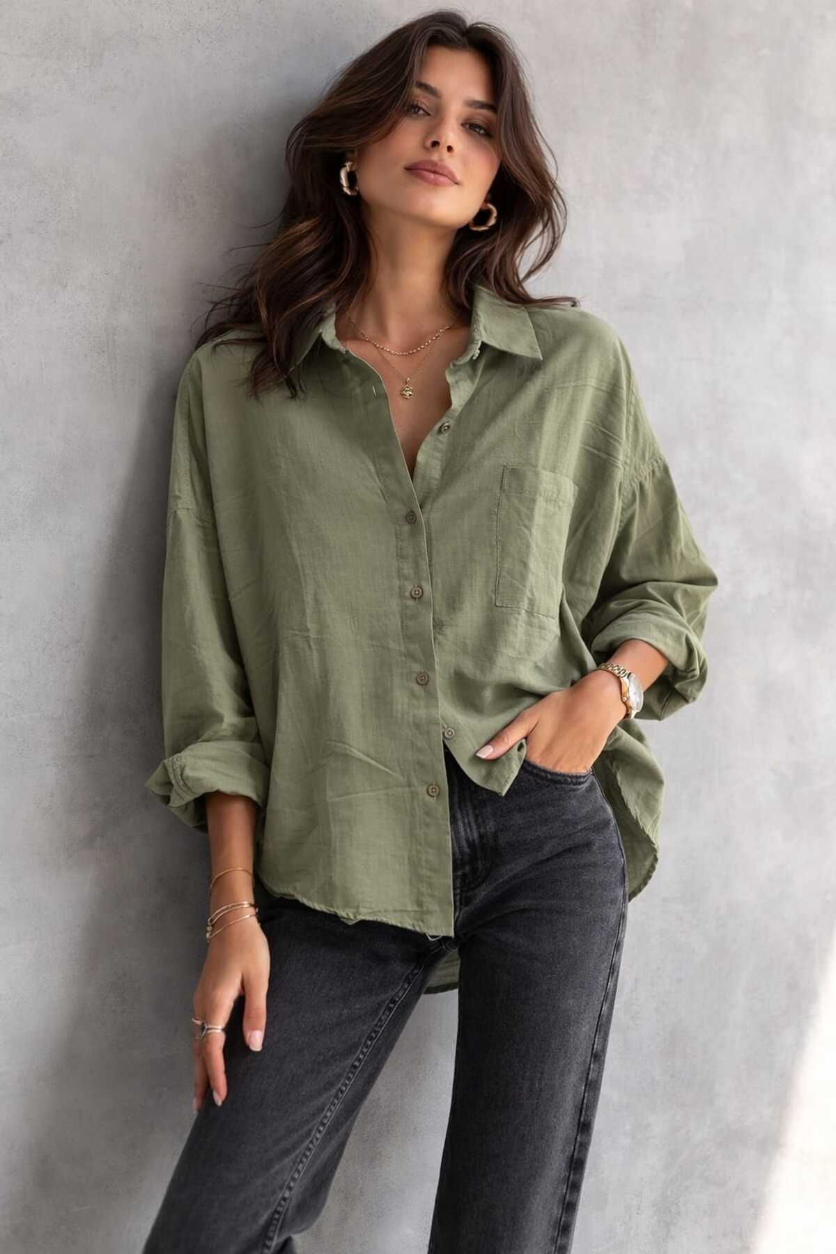 blackbonds  Kadın Oversize Haki Pamuklu Rahat Keten Gömlek – Yaz Koleksiyonu