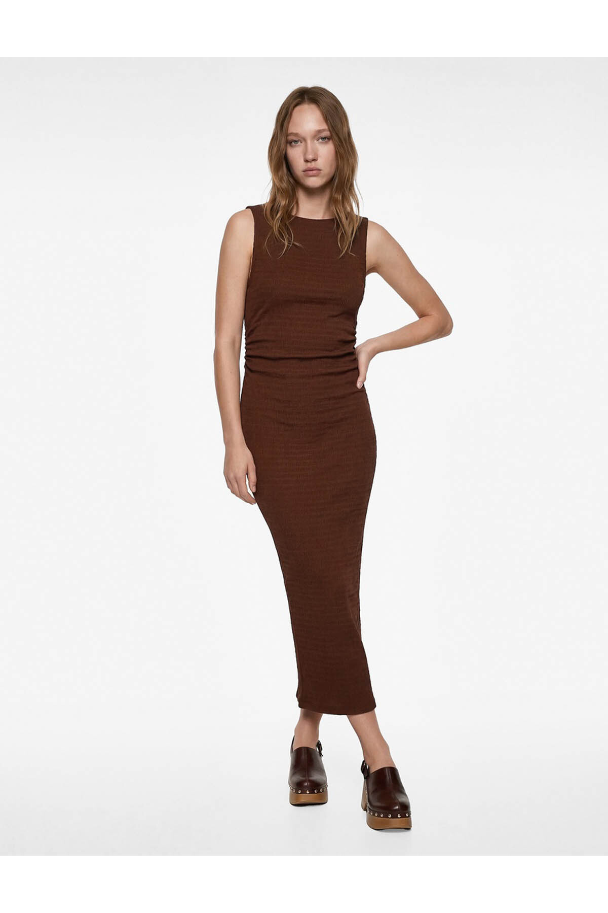 Bürümcük Kolsuz Dik Yaka Midi Bodycon Elbise