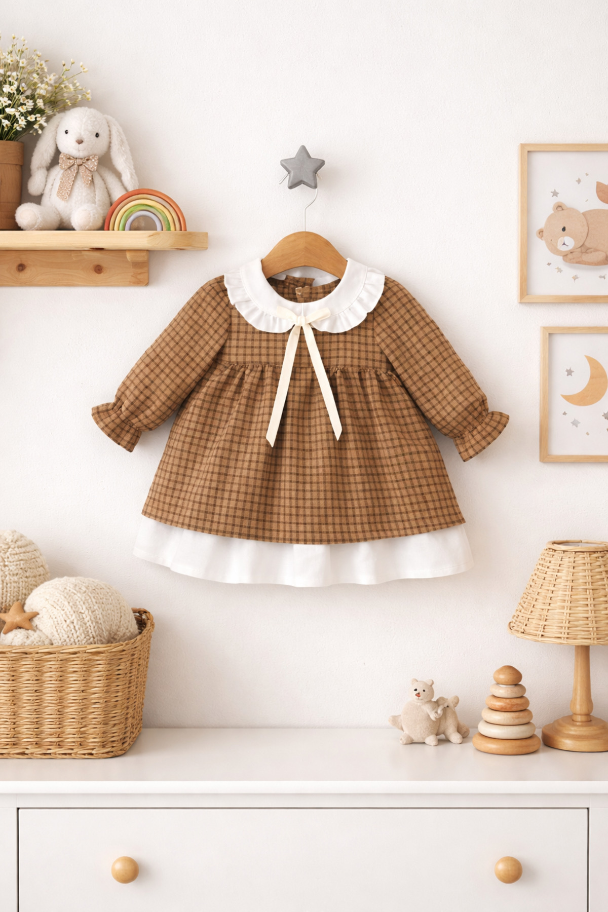 ALAMODECOR %100 Pamuk Kız Bebek Kareli Yakalı Fiyonklu Elbise Bayramlık fotoğrafı 4 (önizleme)
