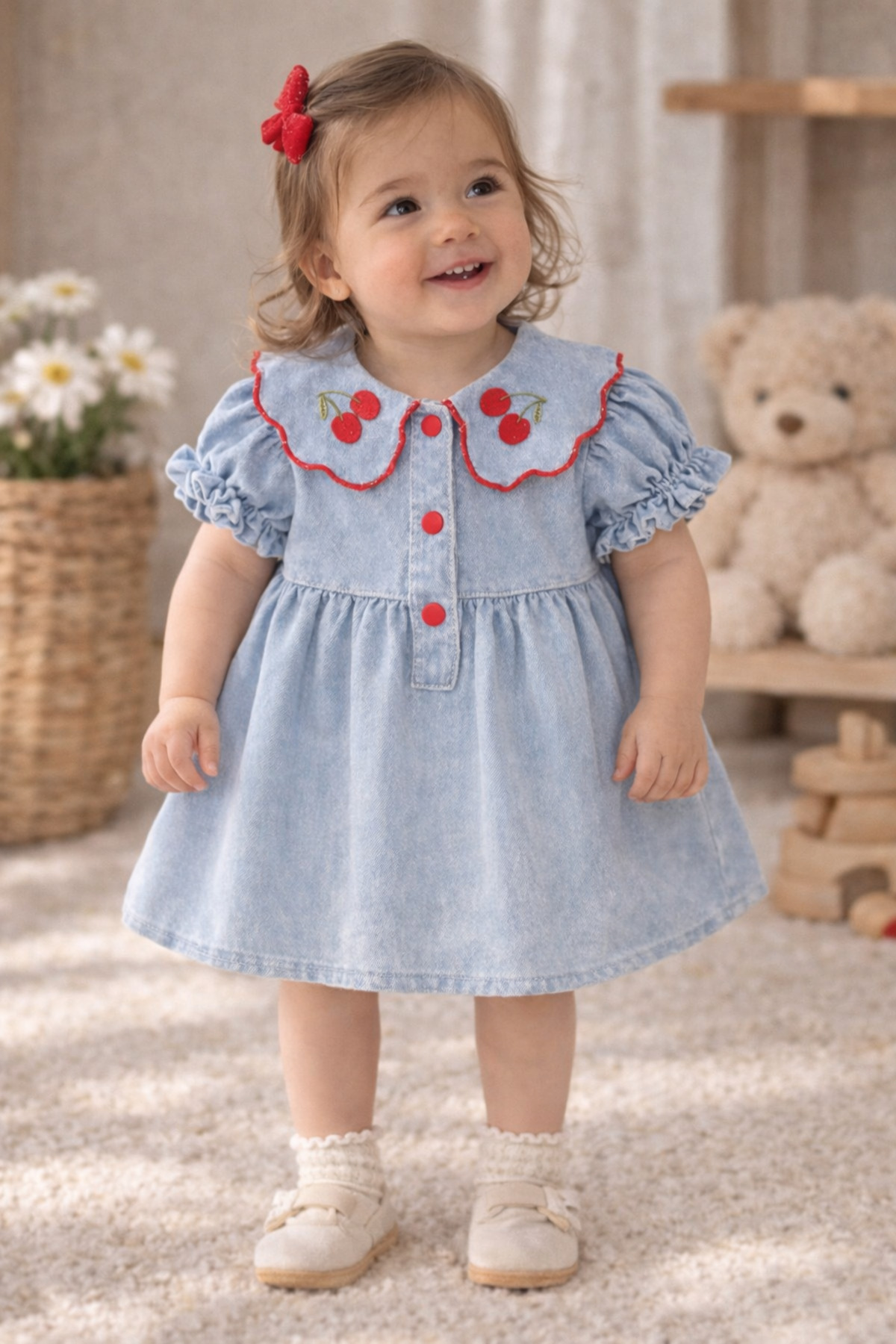 Baby Girl Cherry Collar Embroidered Snap Closure Dress/ Holiday Dress 6-9/9-12/12-18/18-24 Months