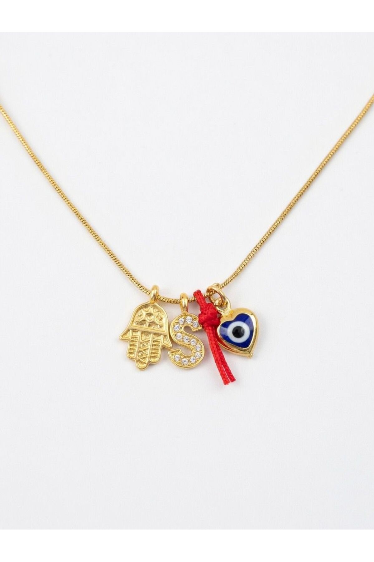 Hamsa Kalpli Nazar Boncuğu ve Taşlı Harf Charm Çelik Zincirli Kişiye Özel 45 cm Kadın Kolye