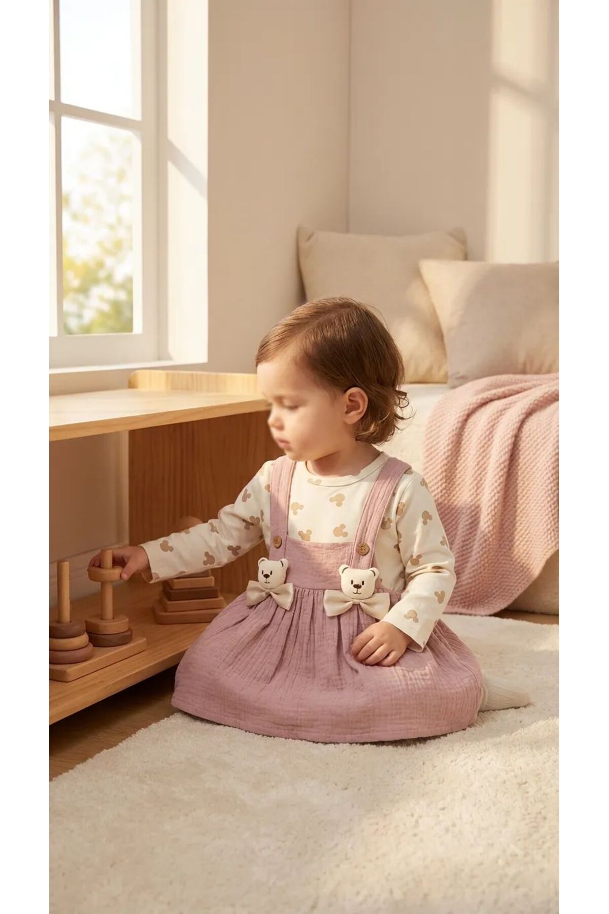 TA&CE Ayıcık Figürlü Müslin Dokulu Kız Bebek Jile Elbise fotoğrafı 2 (önizleme)