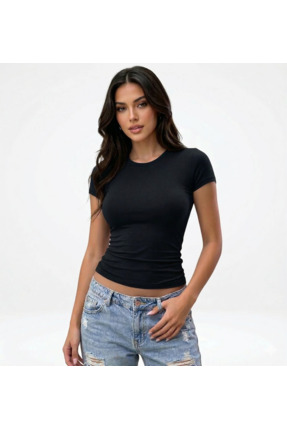 Grafftee Clothing Kadın Siyah Bisiklet Yaka Slim Fit Likralı Basic Crop Pamuk...