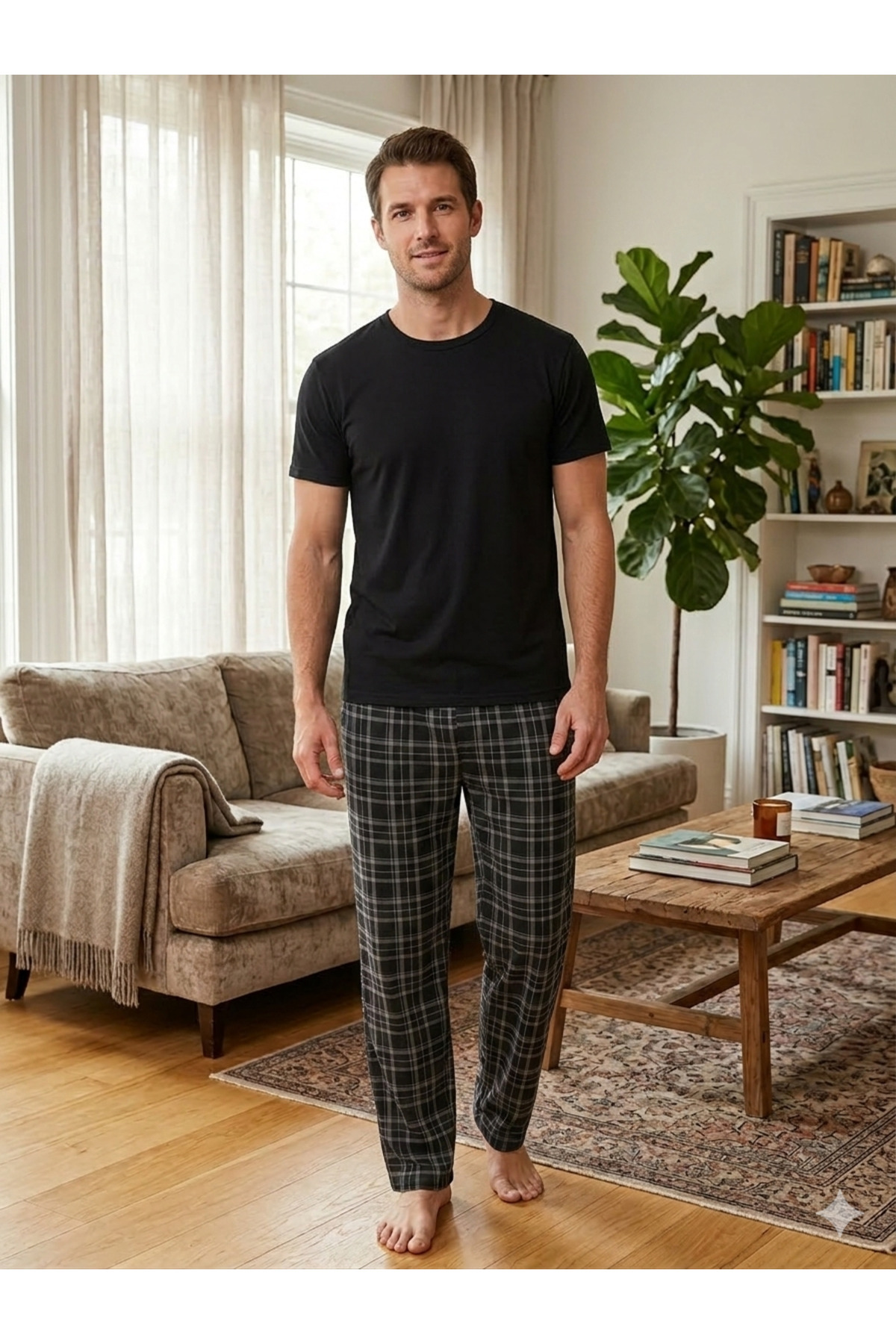 PİJART  Erkek Siyah Ekose Kısa Kollu Pijama Takımı