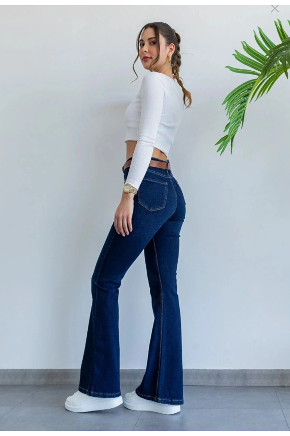 SANTA BELLA  Dodge Koyu Mavi Taşlamalı İspanyol Paça Jean Flare Kadın Solmaz Power Likra Toparlayıcı Kot Pantolon - Görsel 2