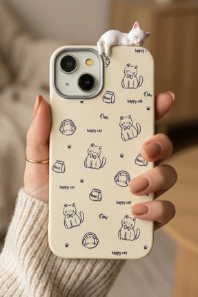 KVK PRİVACY iPhone 13 / 14 / 15 3D Uyuyan Kedi Figürlü Happy Cat Desenli Sili...