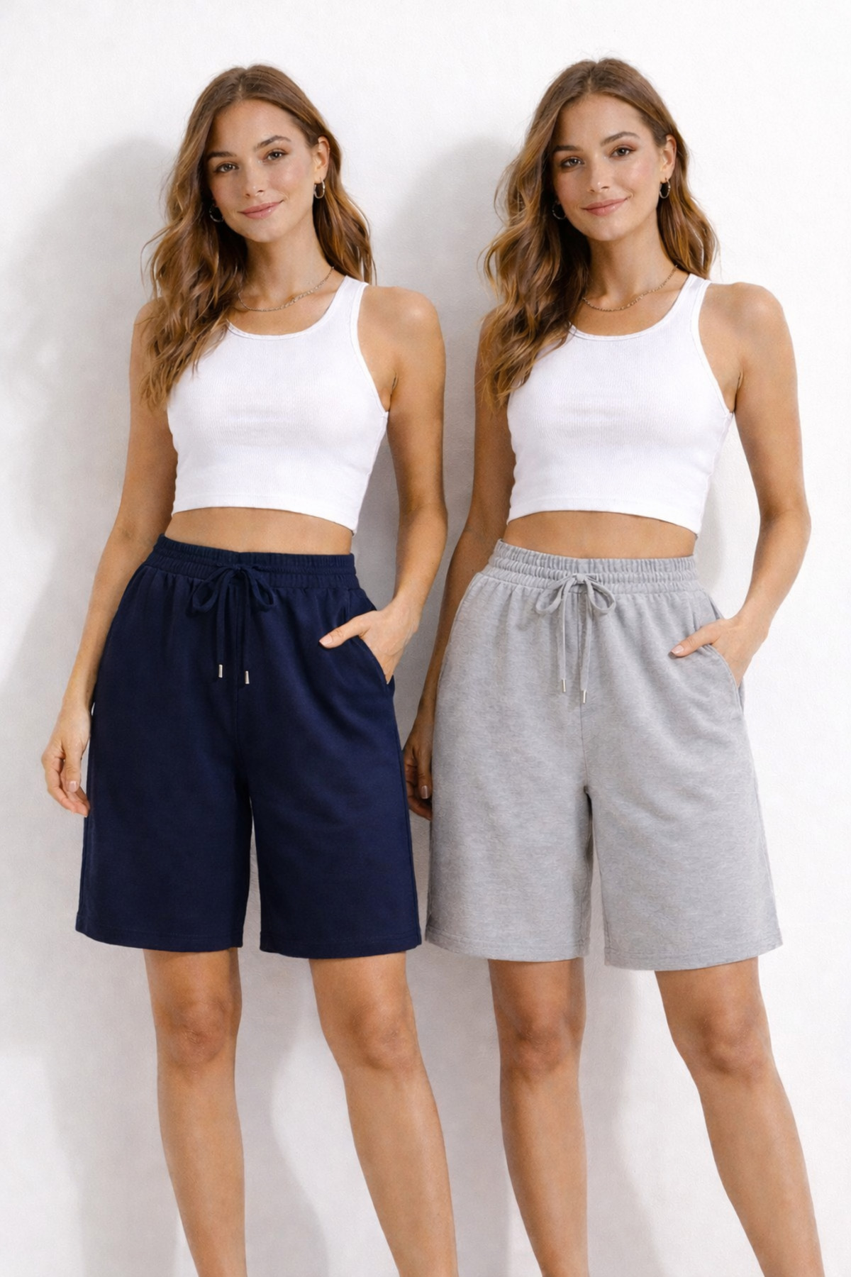 Women's Gray-Navy Blue 2-Piece Set Shorts Summer Comfortable Regular Fit