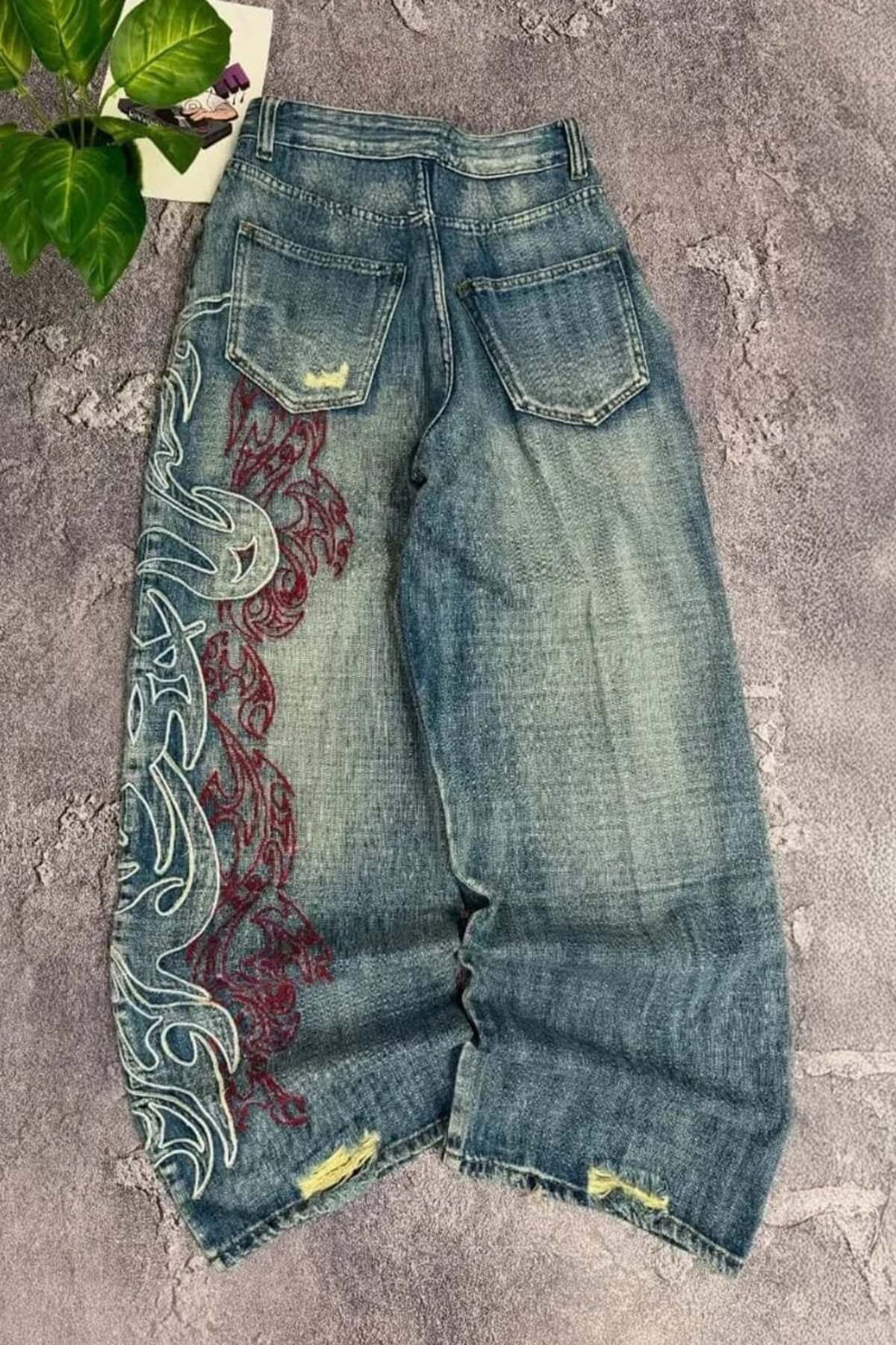 Karakedi  Mavi Taşlamalı Vintage Tribal Baskılı Baggy Pantolon - Görsel 2
