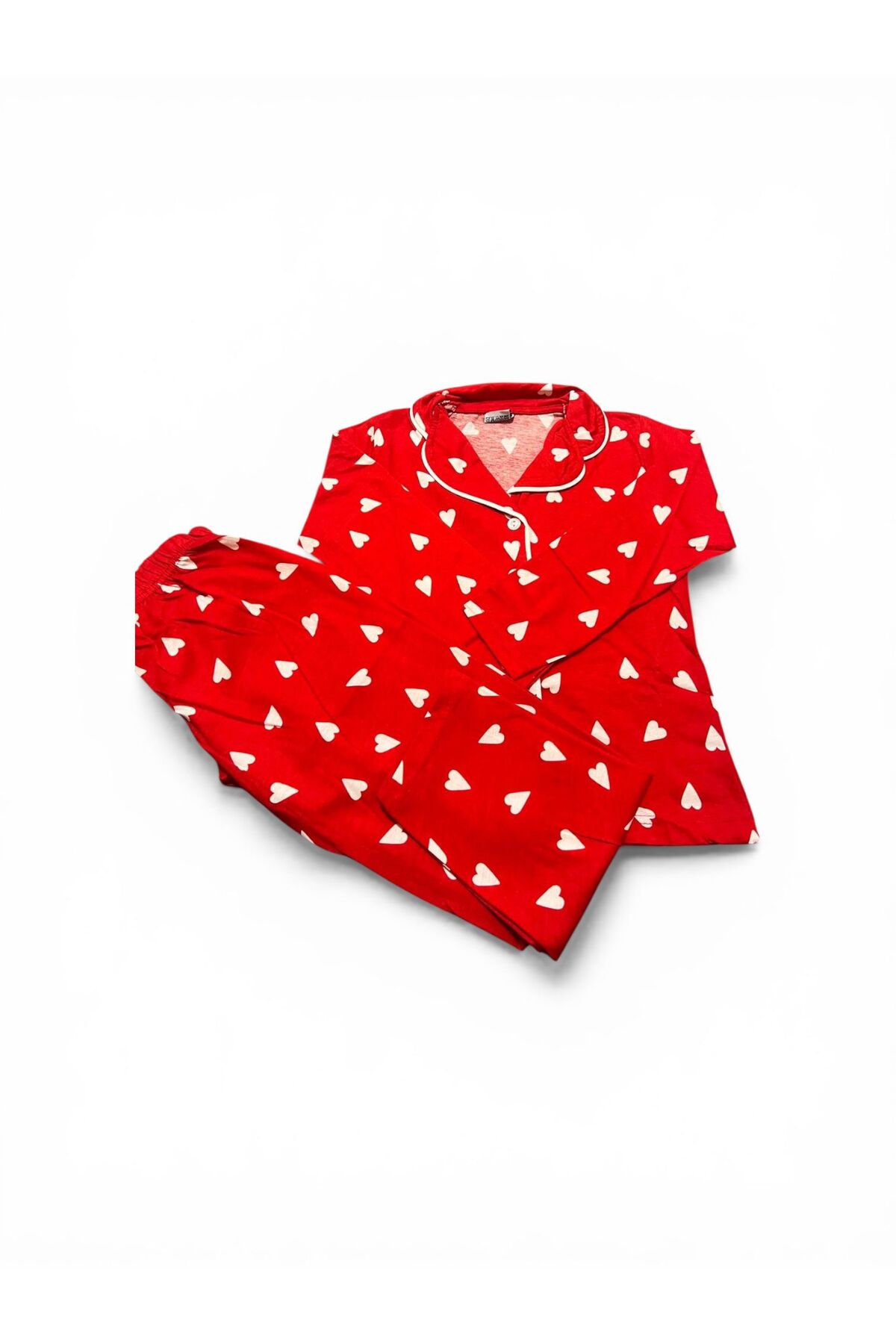 SERRASTIL Kız Çocuk Kırmızı Kalp Desenli Pamuklu Uzun Kollu Pijama Takımı fotoğrafı 5 (önizleme)