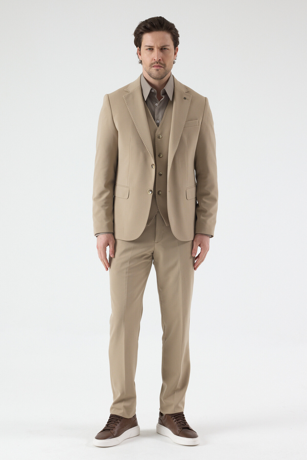 Pique Erkek Bej Poliviskon Kumaşlı Örme Ceket+Pantolon+Yelekli Slim Fit Takım Elbise — بژ 6226 PİQUE — تصویر 3 از 8