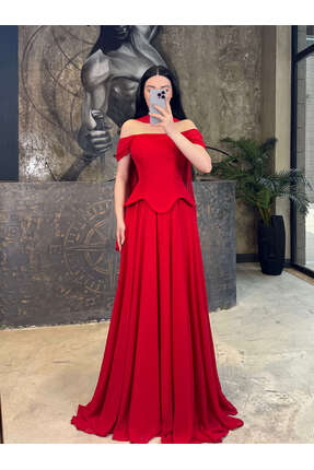 missswans Veyla Şal Aksesuarlı Eteği Şifon Düşük Kol Uzun Boy Abiye Kırmızı