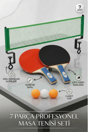 Soft Kare 7’li Masa Tenisi Seti – 2 Raket + 3 Top + File – Profesyonel Ping P...