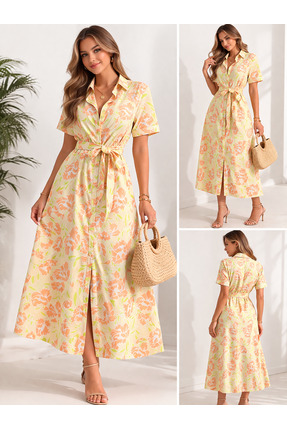 YOU Sarı Çiçek Desenli Kuşaklı Gömlek Elbise