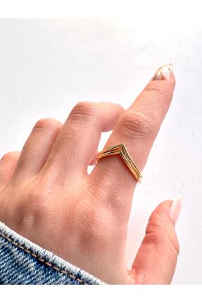 Leo'Stone Minimal V Form Altın Kaplama Ayarlanabilir Kadın Çelik Yüzük – Geom...