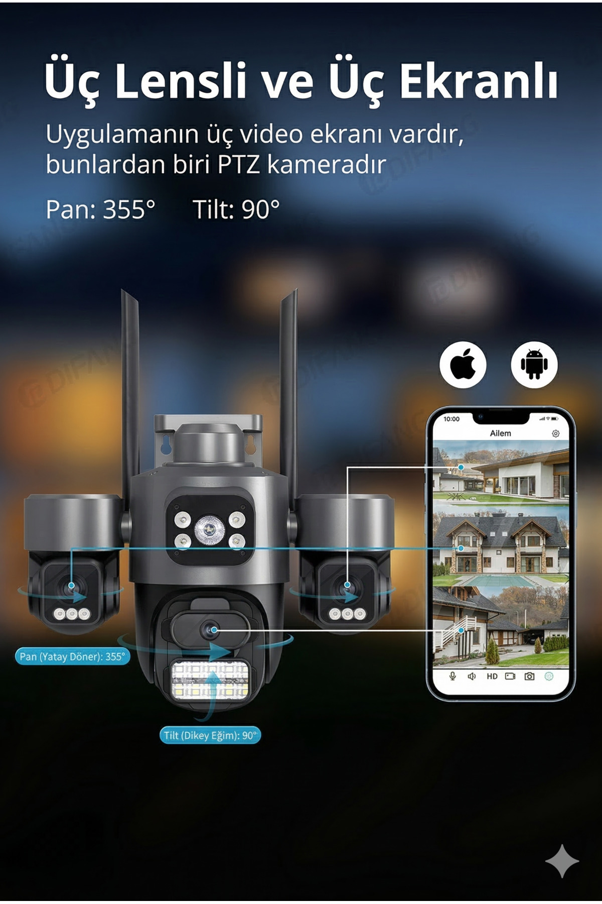 15MP Ultra HD 4K Üç Lensli Dış Mekan Güvenlik Kamerası - 10X Zoom Akıllı Takip ve Renkli Gece Görüşü