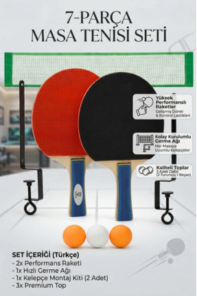 Soft Kare Profesyonel 7 Parça Ping Pong Seti – 2 Raket, 3 Top, File – Taşınab...
