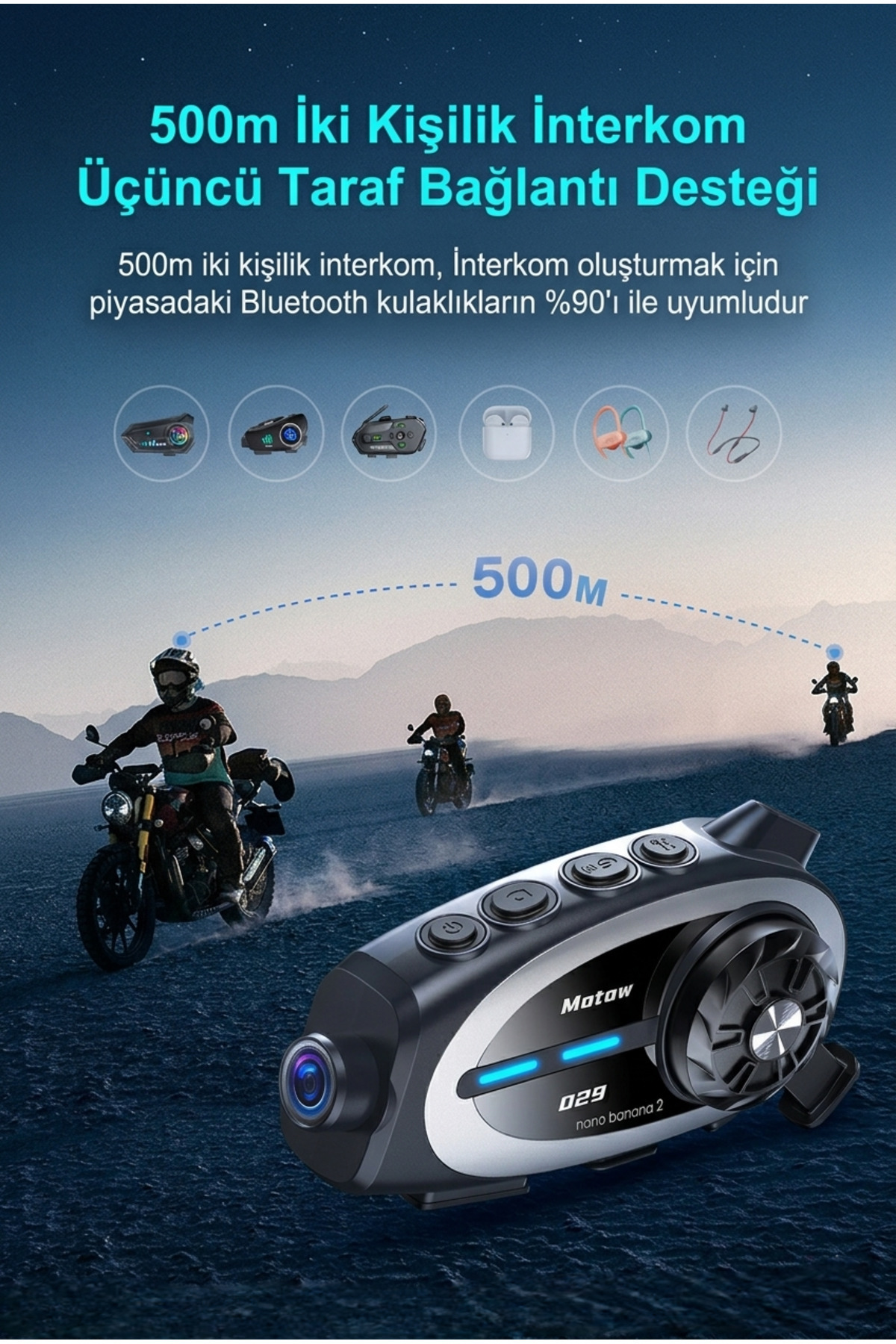 Motosiklet Kask İnterkom 1080P Full HD Kask Kamerası - Bluetooth 5.0 - 1000M Menzil - Su Geçirmez