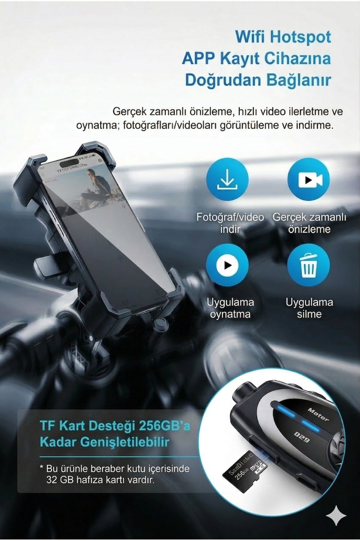 Motosiklet Kask İnterkom 1080P Full HD Kask Kamerası - Bluetooth 5.0 - 1000M Menzil - Su Geçirmez