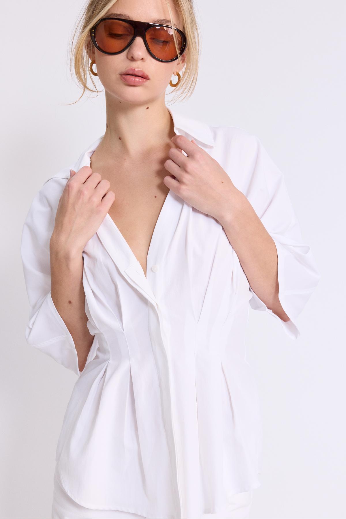 Stradivarius  Yarasa kollu, pilili poplin gömlek - Görsel 3