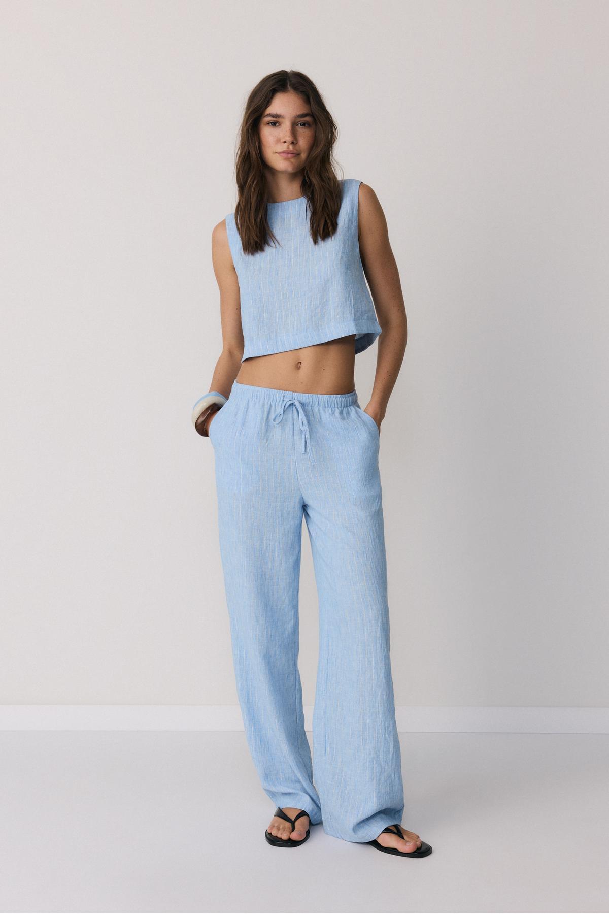 Cast linen look pants with metallic yarn detail