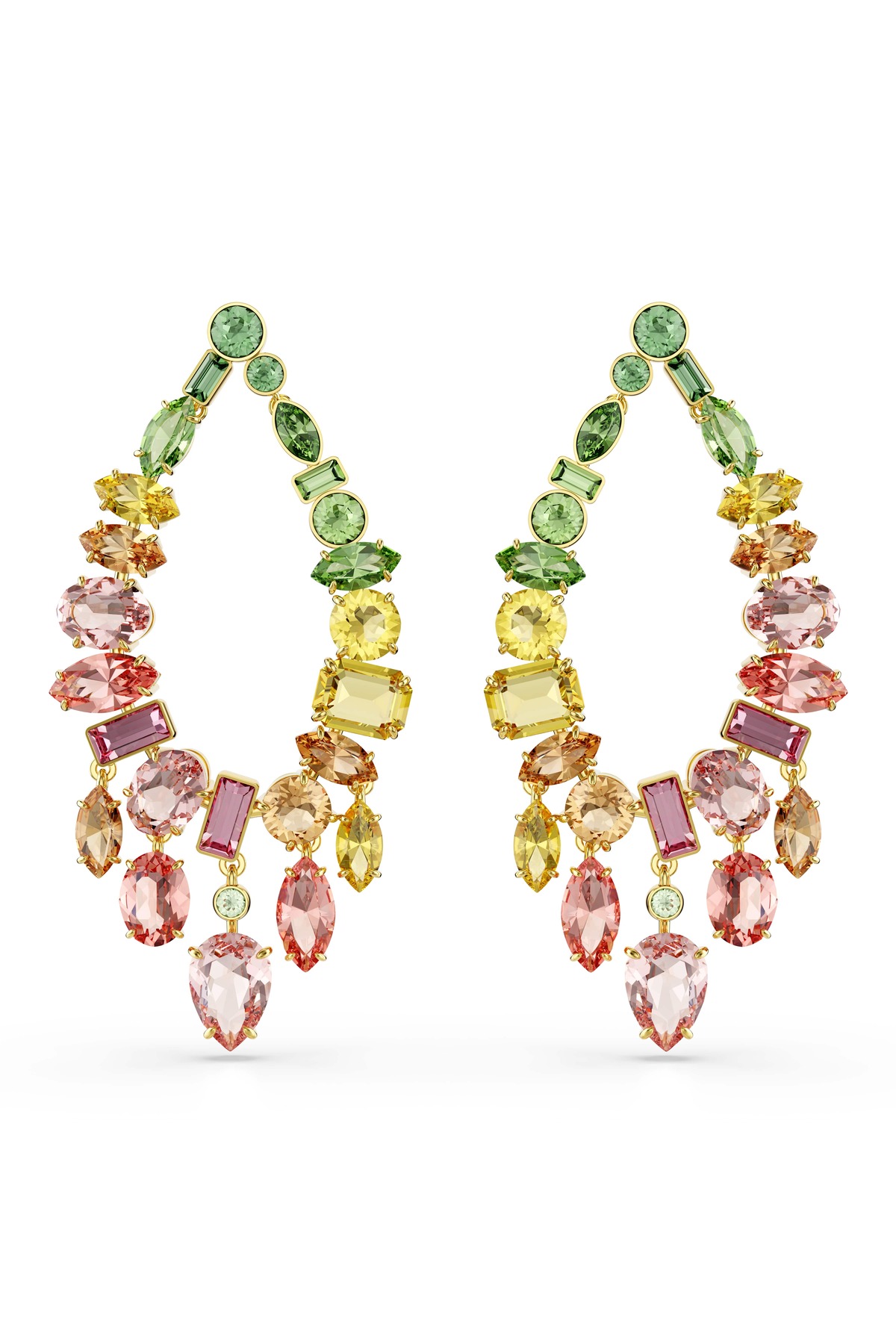 Gema drop earrings, Mixed cut, Chandelier, Multicolor, Gold plated