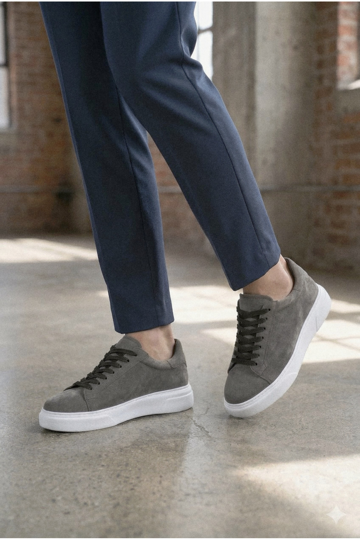 FAYMAZ Erkek Gri Süet Dokulu Beyaz Kalın Tabanlı Garantili Bağcıklı Günlük Sneaker Spor Ayakkabı görsel 6