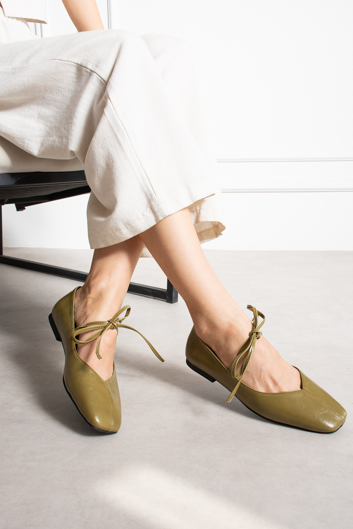 DESPİNA  MARLON Kadın Bağcıklı Babet Açık Yeşil Küt Burun Minimal Şık Ayakkabı - Görsel 5