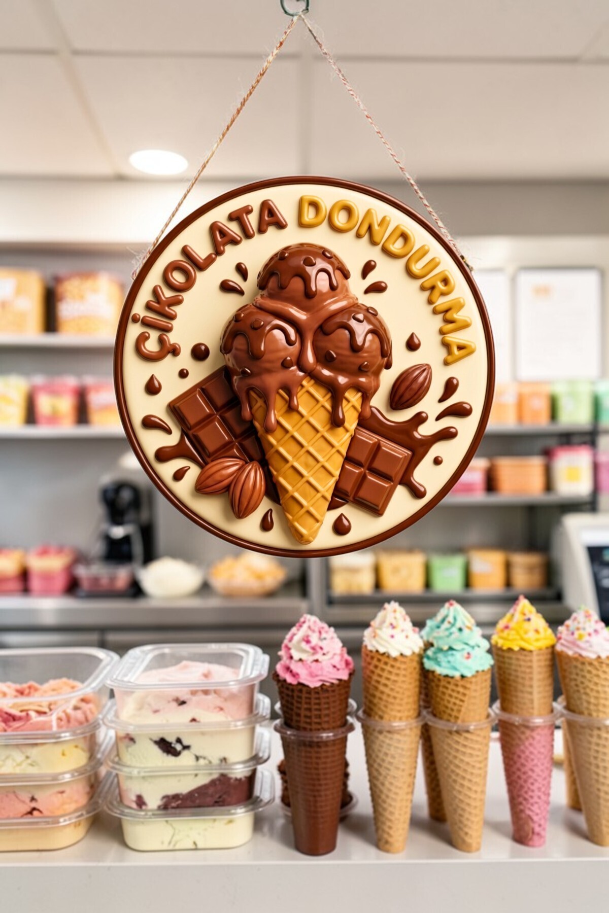 Chocolate Ice Cream Visual Wooden Drawstring Door Wall Ornament Patisserie Cafe Sign