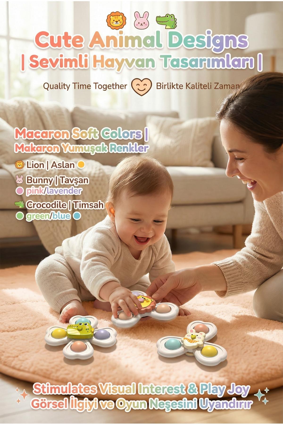 BBSKY 3'lü Hayvan Figürlü Vantuzlu Çocuk Çarkı - Montessori Duyusal ve DIY Modüler Tasarım, BPA Yok fotoğrafı 7 (önizleme)