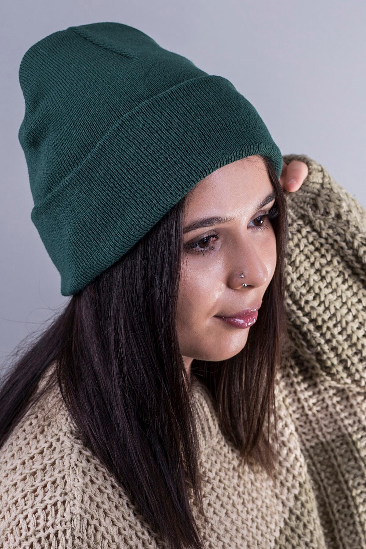 QUATEX Yeşil Unisex Katlamalı Triko Düz Bere