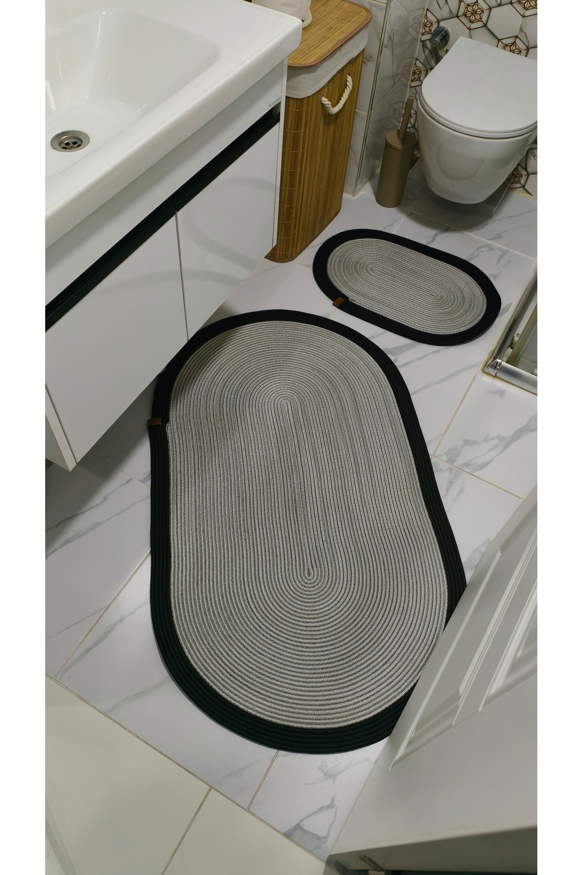 Jute Wicker Large Size 2-Piece Bath Mat Set, 70x120 / 40x60 Bathroom Set , Toilet Set