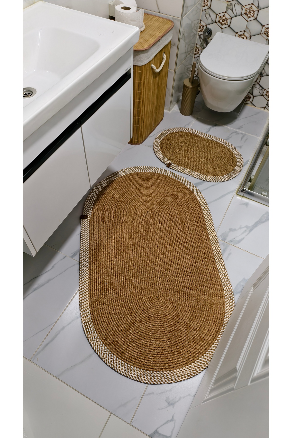 Jute Wicker Large Size 2-Piece Bath Mat Set, 70x120 / 40x60 Bathroom Set , Toilet Set
