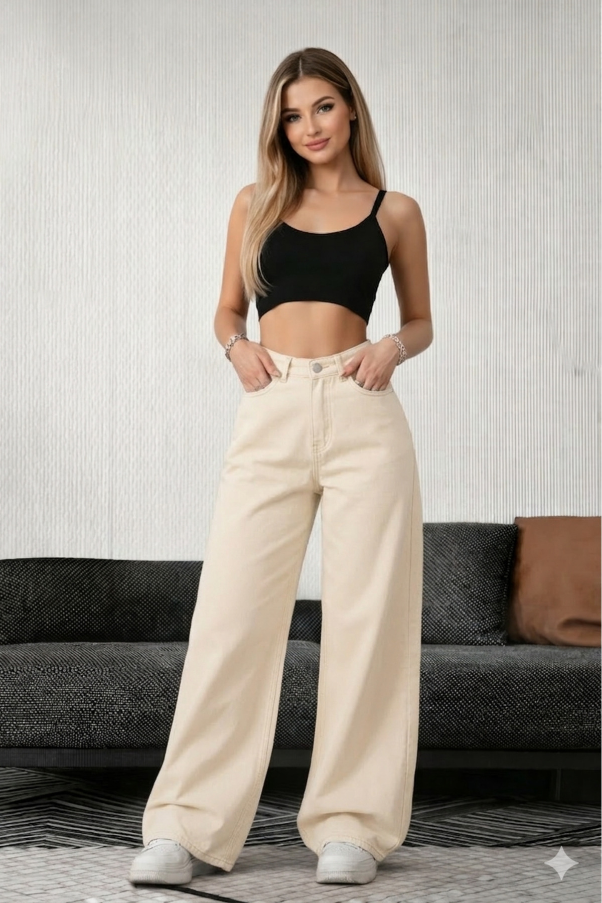 LAYAL MY BEAUTY Kadın Palazzo Salaş Rahat Kesim Likralı Yüksek Bel Jeans Kot Pantolon Yeni Sezon