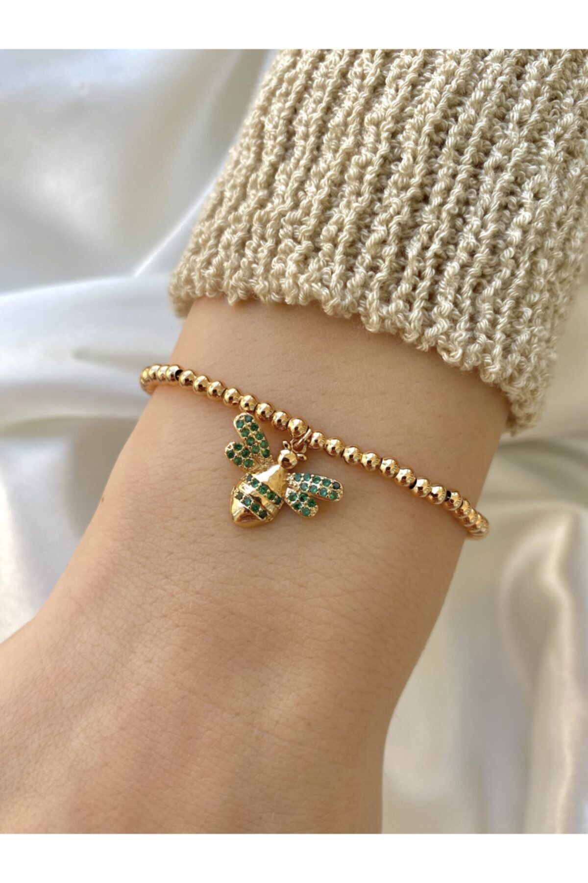 Blask 14 Carat Gold Plated Bee Bracelet with Green Zircon Stone