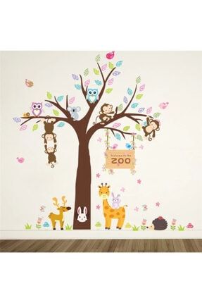 Çocuk Odası Srenkli Ağaç Sevimli Hayvanlar Ev Duvar Pvc Sticker cstft31