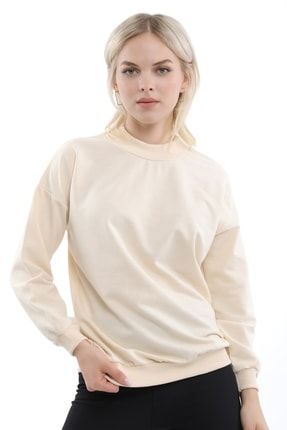 Kadın Taş Dik Yaka Pamuklu Basic Örme Sweatshirt MDTRN15860