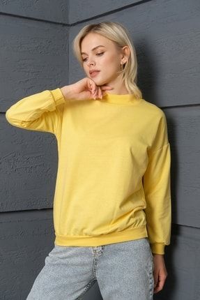 Kadın Sarı Dik Yaka Pamuklu Basic Örme Sweatshirt MDTRN15860