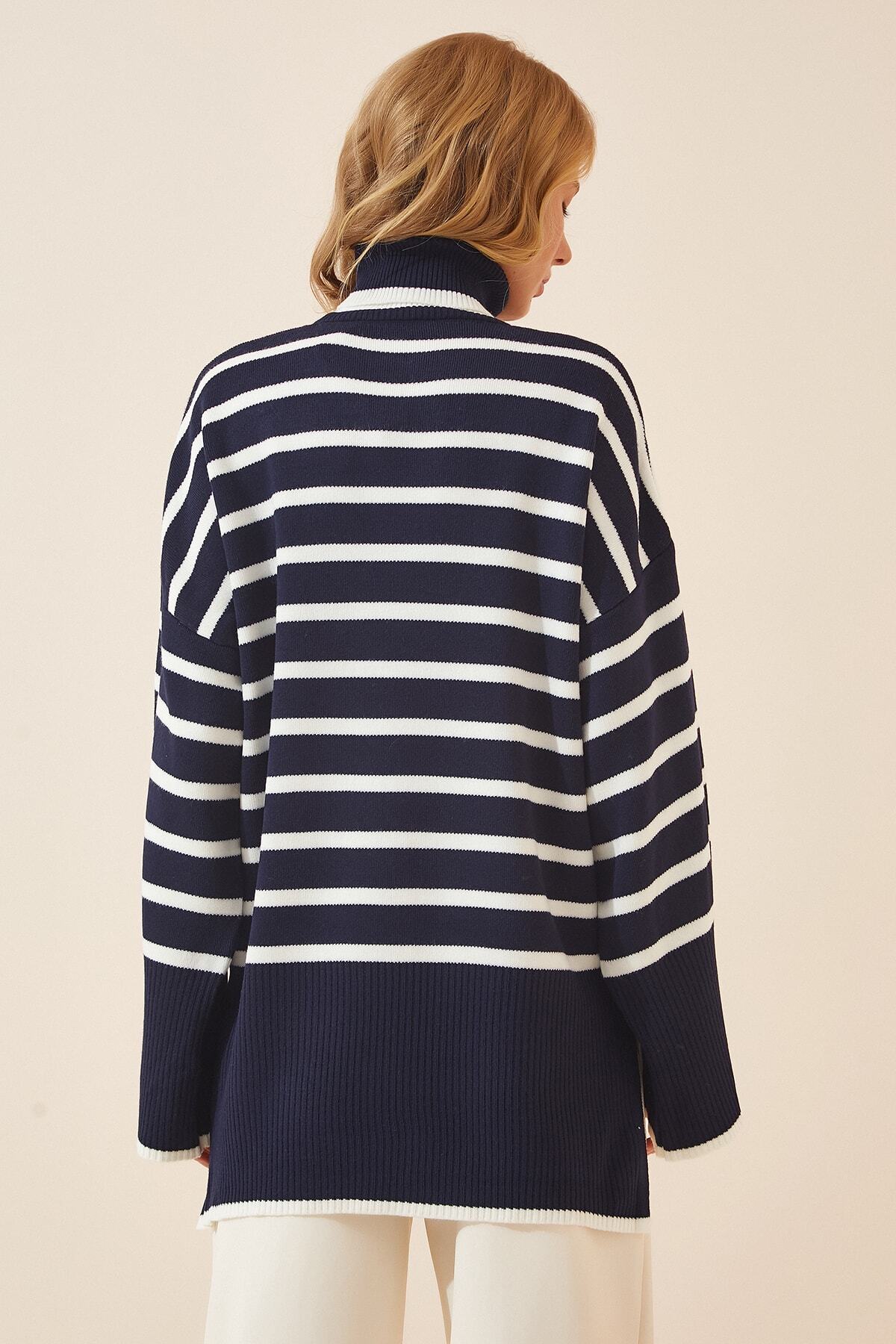 Happiness İstanbul-Marineblauer und weißer Rollkragenpullover mit Streifen für Damen in Übergröße, Strickpullover US00709 4