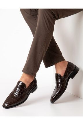 Kare Kroko Kahverengi Deri Erkek Ayakkabı NS9502