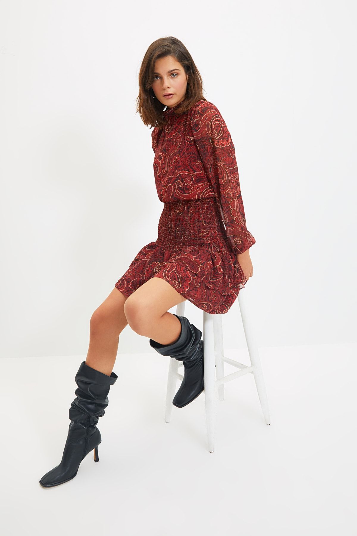 Trendyol Collection-Mehrfarbiges gewebtes Winterkleid mit Paisley-Muster TWOAW21EL1776 4
