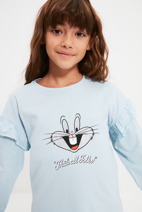 Picture of Açık Mavi Lisanslı Bugs Bunny Baskılı Kız Çocuk Örme T-Shirt TKDAW22TS0067