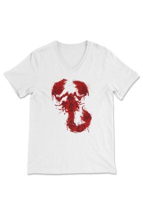 Kırmızı Akrep Desenli Unisex V Yaka Tişört, V Yaka T-shirt VY1516