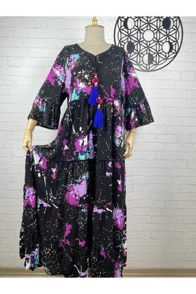 Kadın Batik Desenli V Yakalı Püsküllü Siyah Elbise 540531530